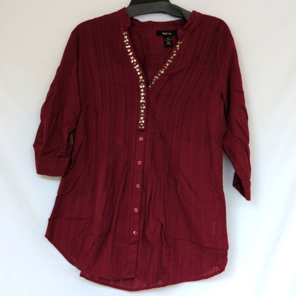 STYLE & CO. | Burgundy Tunic Top Beaded V-Neck, 3/4 Sleeve Blouse
